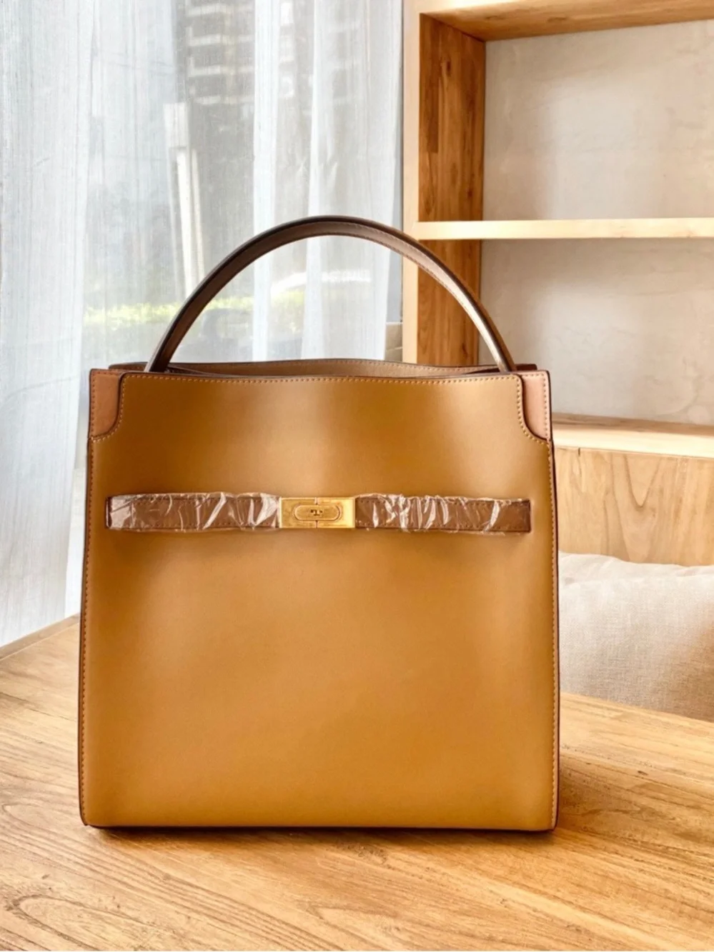 Tory Burch Tan and Brown Leather Top-Handle Satchel with Gold Hardware